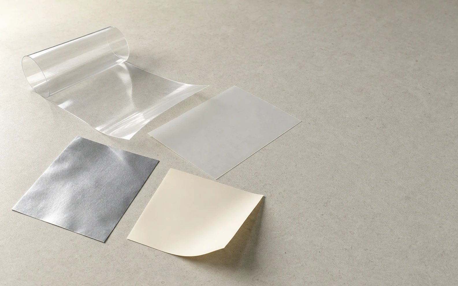 Illustrative unbranded clear, frosted, silver-gray and ivory film material study.