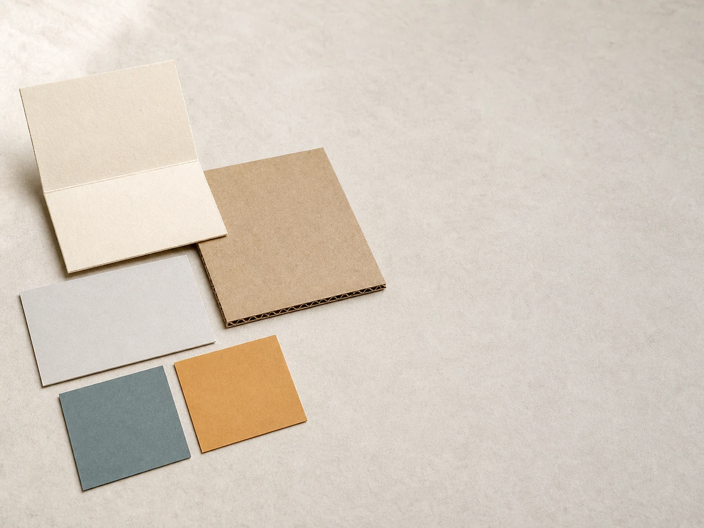 Illustrative unbranded paperboard, corrugated board, label stock and plain color-paper material study.
