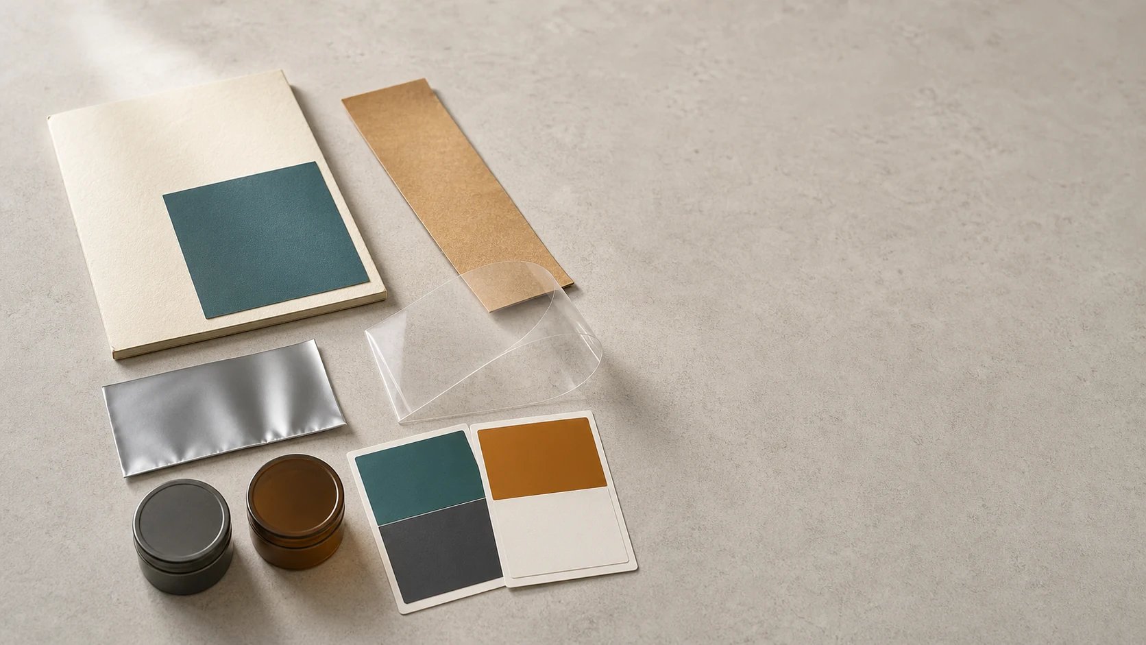 Illustrative unbranded paperboard, paper, clear film, metallized-looking film and color-swatch material study.