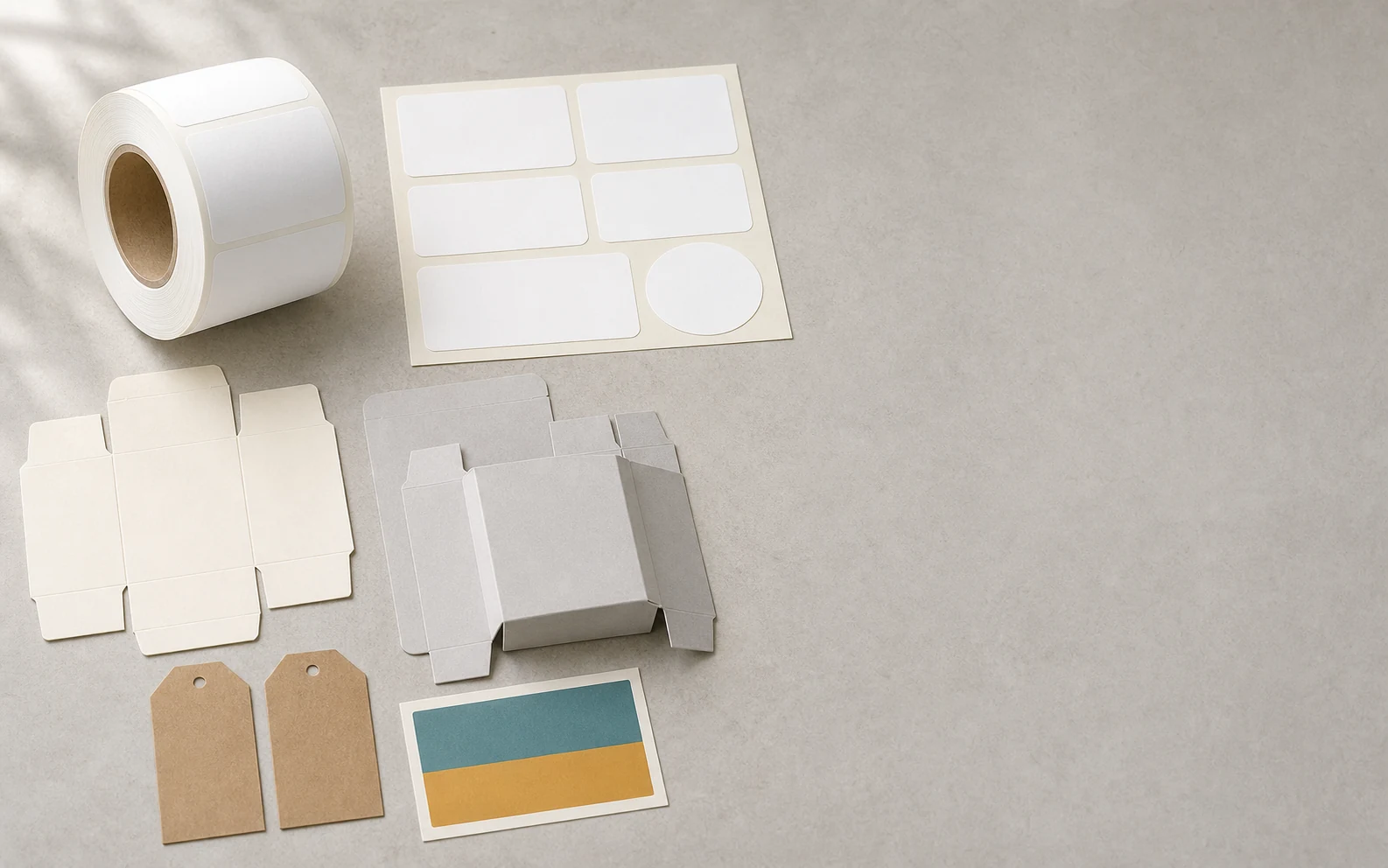 Illustrative unbranded label-stock, carton-board and hang-tag material study.
