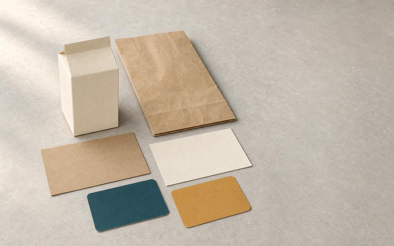 Illustrative unbranded paperboard, kraft-paper and color-swatch material study.
