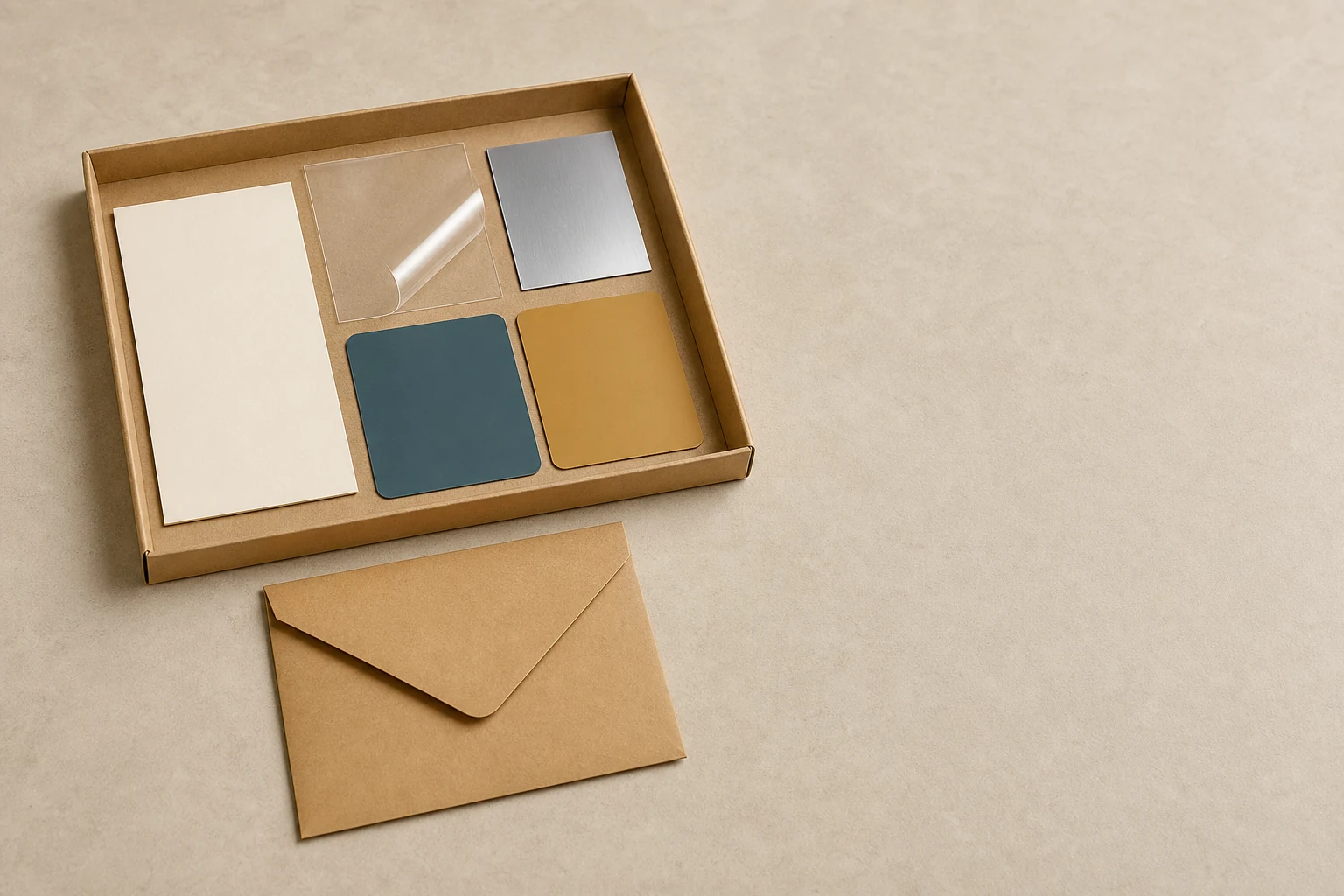 Illustrative unbranded paperboard, flexible-film, metallized-looking film and color-card sample preparation study.