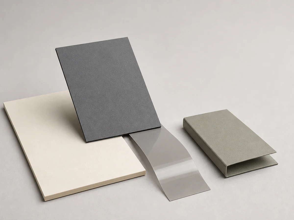 Illustrative unbranded paperboard and film material study for a soft-touch varnish discussion.