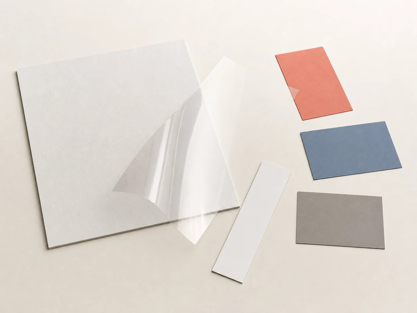 Illustrative unbranded paperboard, clear flexible film, separate coral, slate-blue and warm-gray cards, and a blank white strip for a color discussion.
