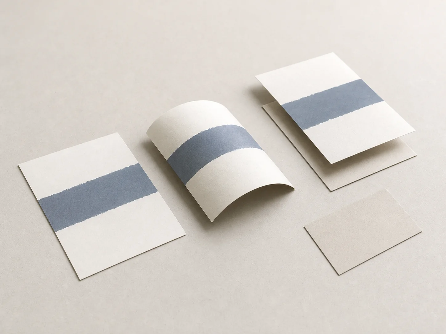 Three anonymous substrate pieces with the same blue-gray ink band shown flat, gently curled and separated by a blank interleaf.