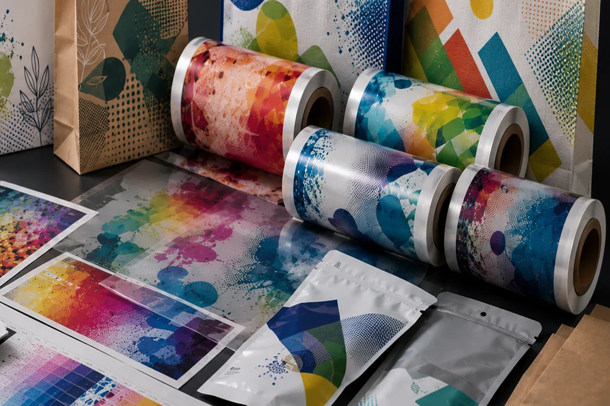 Source-site overview of printed flexible materials, roll samples, paper bags and unbranded packaging formats.