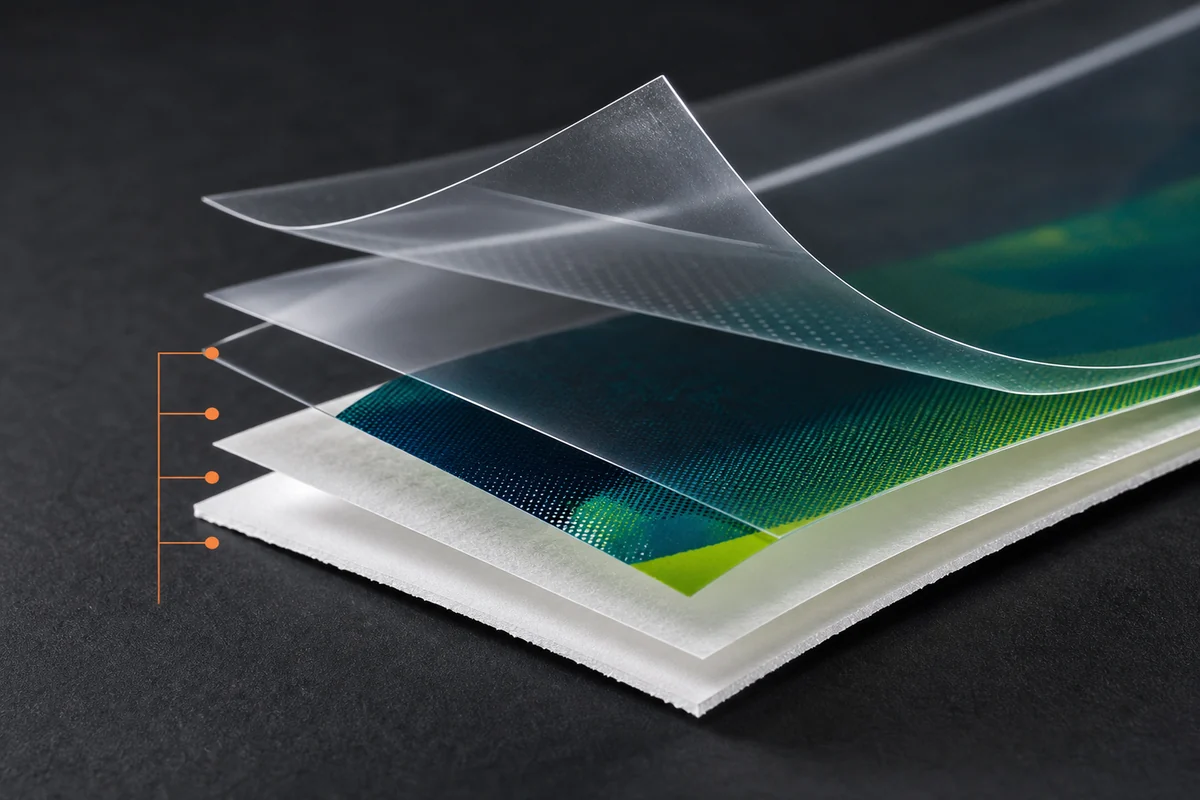 Source-site layer illustration showing clear film, printed film and paperboard in a laminate structure.