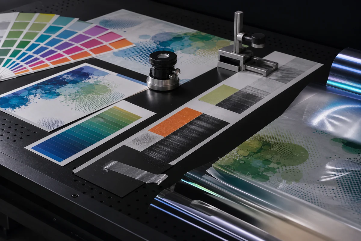 Source-site printed and coated sample sheets arranged for visual finish evaluation.